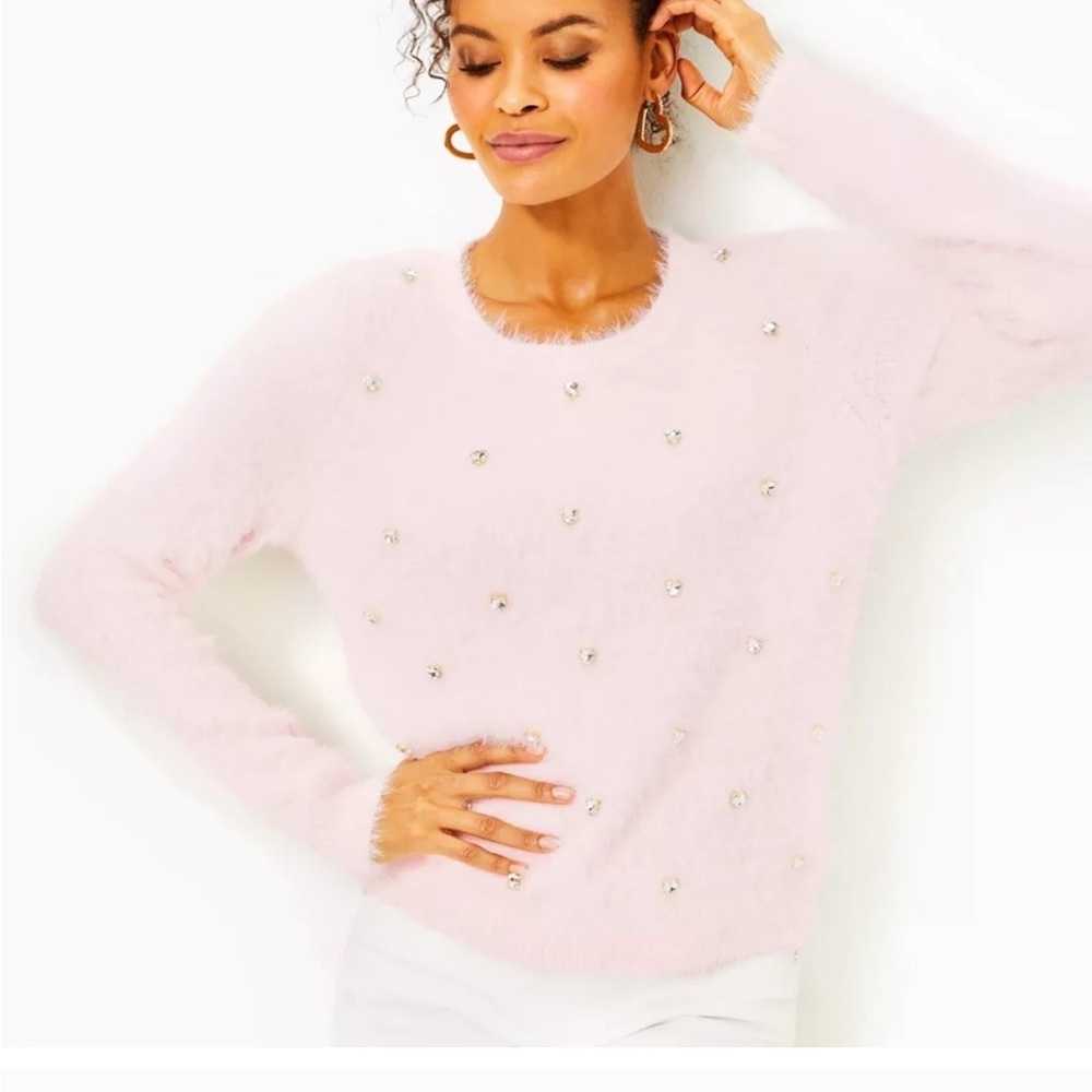Lilly Pulitzer Ralley Heart Jeweled Sweater in Peony Pink size L NWOT